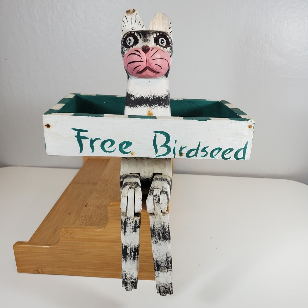 Damaged Cat Shelf Sitter Free Birdseed Black White Folk Art Wooden Decor Vintage